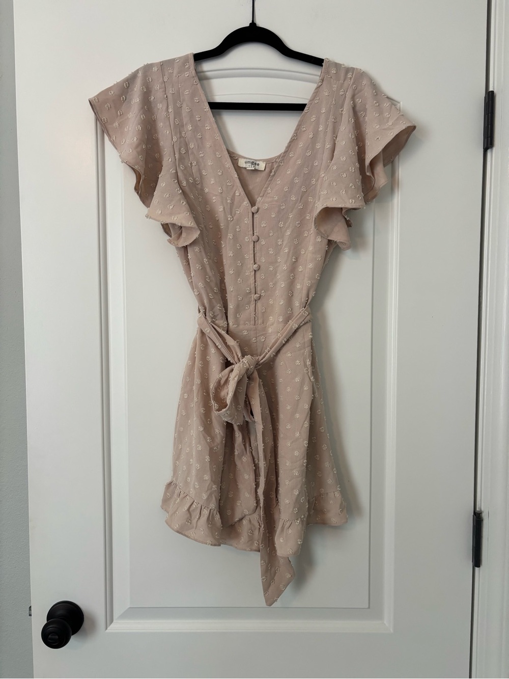 Umgee Textured Swiss Dot Tie Romper - Nude Color